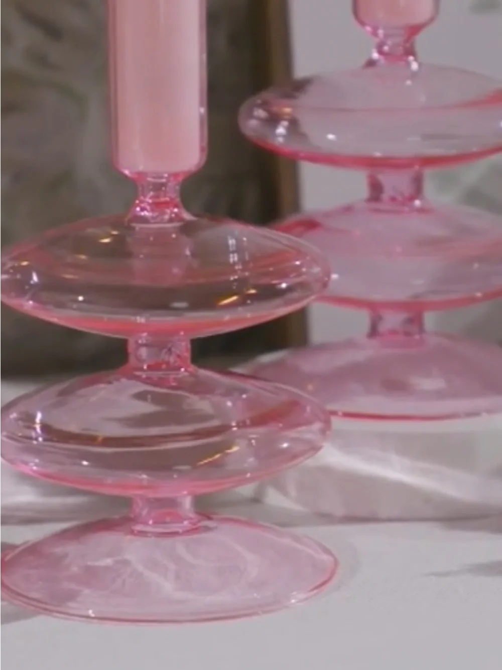 Pink Taper Blown Glass Candle Holder Set - Elegant Home Accent